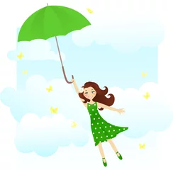 Foto op Plexiglas Vrolijk meisje dat op groene paraplu vliegt © Volha Hlinskaya