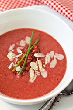 Strawberry Gazpacho In A White Bowl