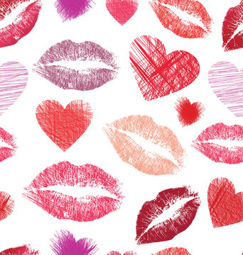 Seamless pattern with lips and hearts