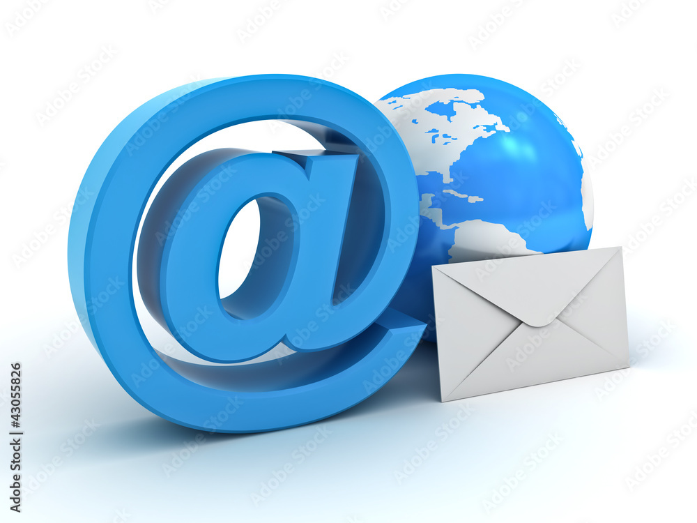 Poster at sign, globe and envelope on white background