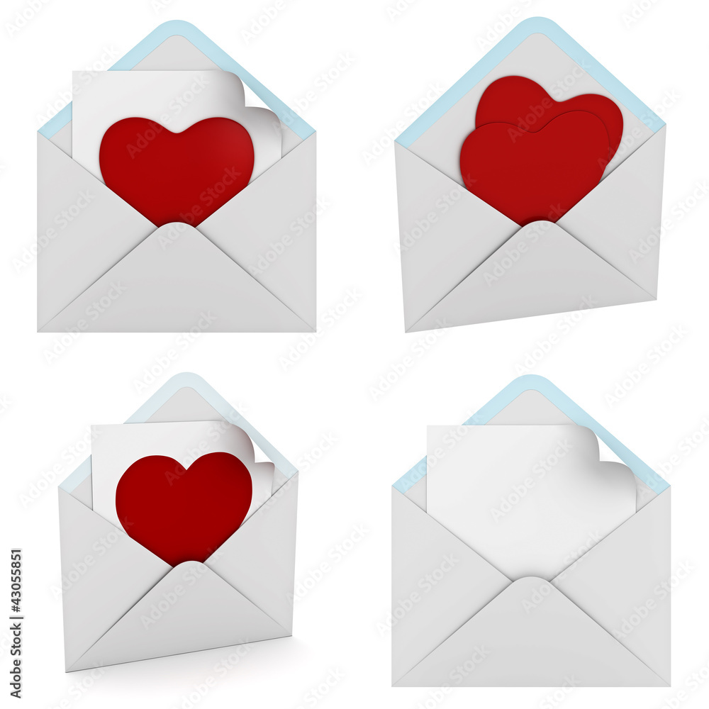 Poster red heart in envelope collection isolated on white