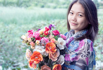 woman holding flowers bouquet happiness emotion