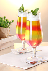 fruit jelly in glasses on tabla in cafe