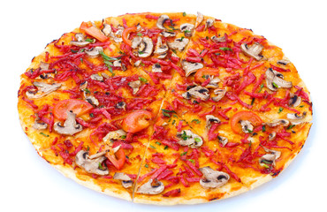 delicious pizza with vegetables and  salami isolated on white.
