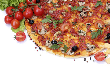 delicious pizza and vegetables isolated on white.