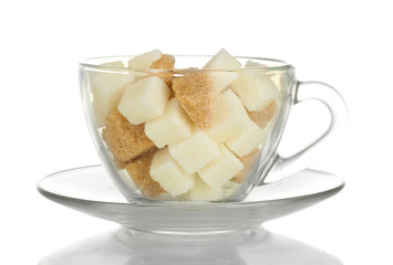 white refined sugar and Lump brown cane sugar cubes in glass