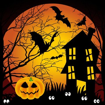 Halloween night haunted house with bats and pumpkin