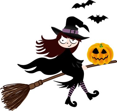 A witch and pumpkin halloween flying on broom