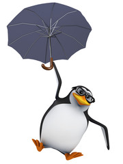 3d Penguin in glasses flies with umbrella