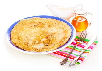 Stack of tasty pancakes isolated on white