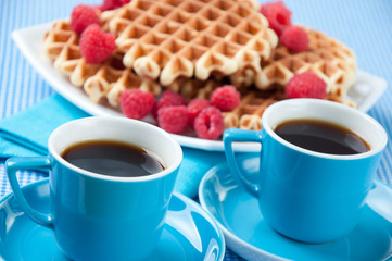 Breakfast with coffee and homemade waffles, studio shot