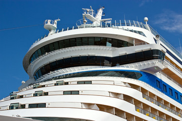 Luxury cruise ship closeup with captain bridge