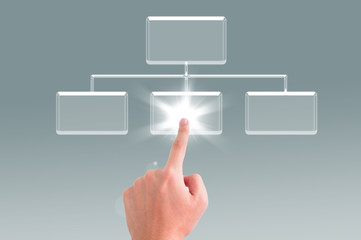 Hand pressing transparent button on the digital screen  backgrou