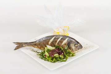 Dorada fish with salad on the white plate. Studio shot