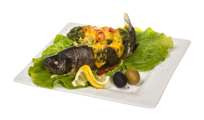 trout fish baked with shrimps and cauliflower