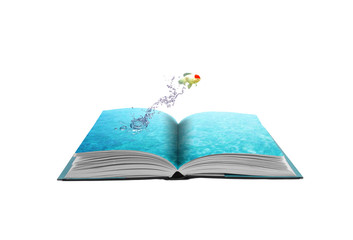 3D open green grass book with jumping fish, imagination and conc