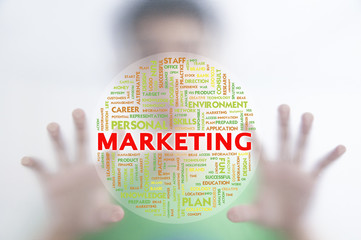 Fototapeta premium Man pushing the business word cloud on transparent screen,MARKET