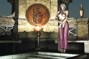 Woman in harem clothing at the bath