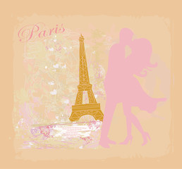 Fototapeta na wymiar Romantic couple in Paris kissing near the Eiffel Tower Retro car