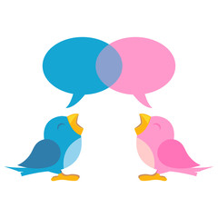 Blue and pink birds with talking balloons over white