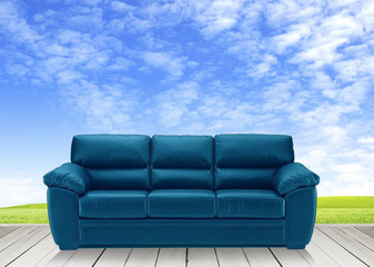 Wooden terrace and blue sofa