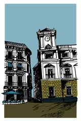 Cercles muraux Café de rue dessiné Dessin d& 39 esquisse d& 39 un petit carré de la vieille ville européenne