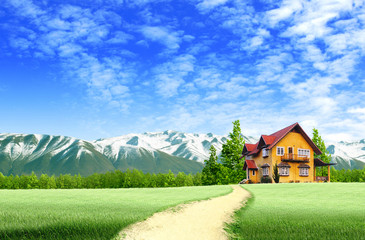 Road to House on green field landscape with blue sky