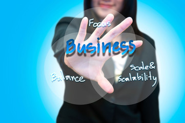 Business woman pushing the business word cloud on transparent sc