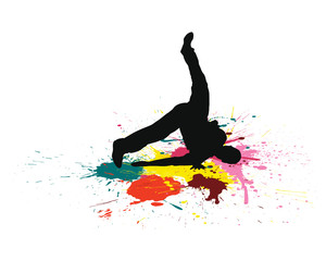 Dancer on a grunge background with notes. Vector illustration.