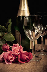 Retro champagne and roses