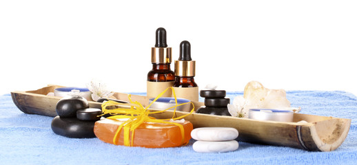 Composition of funds required for spa care on white background