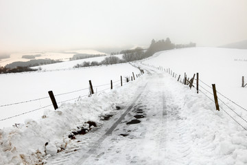 An asphalt country road in a snow storm byl town Pruem, Germany