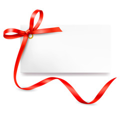 Card with red gift bow with ribbons. Vector