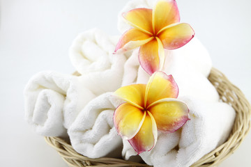 Frangipani flowers and Towel for spa