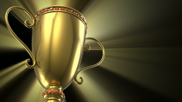 Golden glowing trophy cup on black background