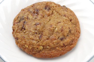 close up of oatmeal raisin cookie on white plate