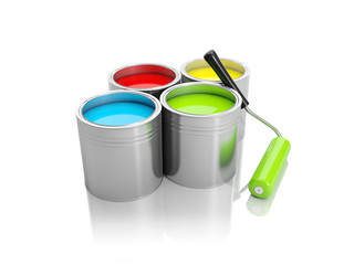 3d illustration: A group of cans of paint and roller