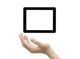 A male hand with touchscreen computer