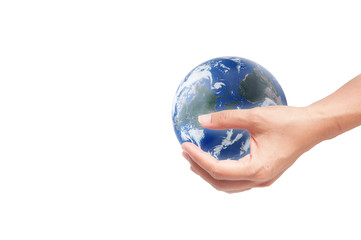 Hand with earth globe isolated on white background, ecology conc