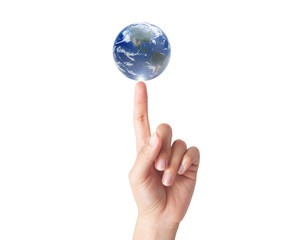 Hand with earth globe isolated on white background, ecology conc