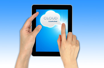 a male hand holding a touch screen, cloud computing concept tech