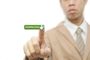 Business man press finger on green download button