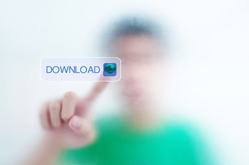 man finger pressing a download touchscreen button