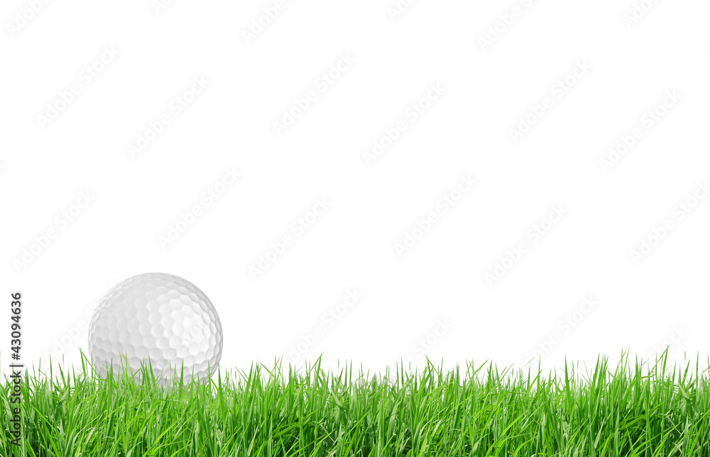 Wall mural Close-up of golf ball with green grass isolated for web design b