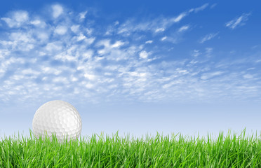 Close-up of golf ball with green grass and blue sky for web desi