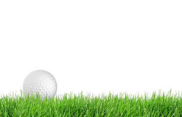 Close-up of golf ball with green grass isolated for web design b