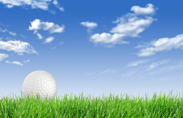 Close-up of golf ball with green grass and blue sky for web desi