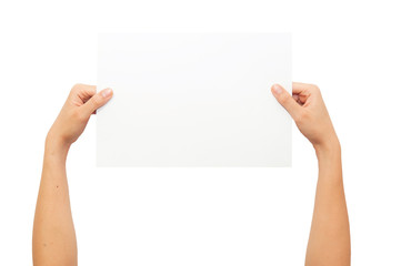 Hand holding a paper isolated on white background