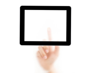 man finger pressing a touchscreen computer device isolated on a
