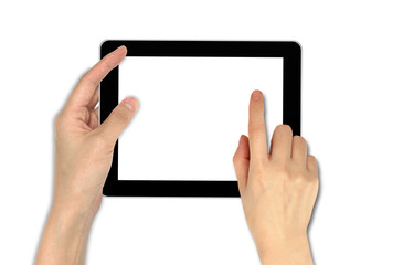a male hand holding a touchpad on back ground blue sky